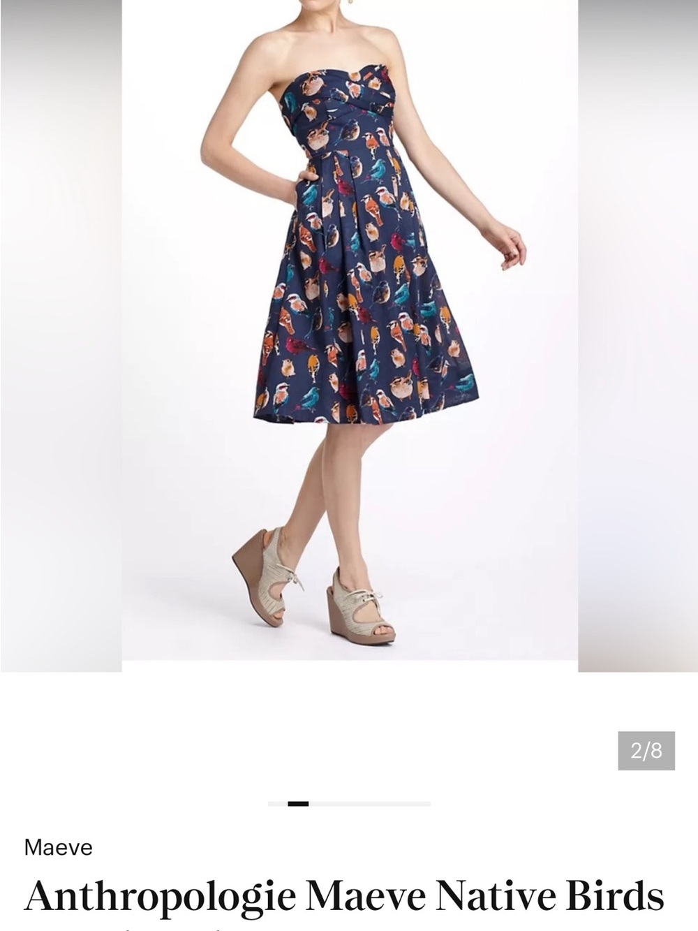 Maeve Navy Strapless Skater Skirt with Colorful Bird Print